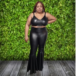 Black Faux Leather Bell Bottom Flare Leggings